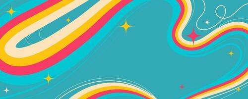 Retro Abstract Design with Wavy Lines and Sparkling Stars on Blue Background. Retro cosmic swirls with vibrant movement. Perfect for futuristic prints, party and space themes. vector
