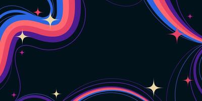 Abstract Design with Cartoon Squiggle Wavy Lines and Sparkling Stars on Black Background. Retro cosmic swirls with vibrant movement. Perfect for futuristic prints, party and space themes vector