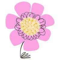 Cute Pink Flower in Doodle Style. Colorful plant with line sketches of branches isolated on white background. Nature herb perfect for invitations, cards, posters, holidays vector