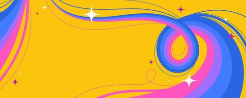 Retro Abstract Design with Squiggle Wavy Lines and Sparkling Stars on Yellow Background. Cosmic swirls with vibrant movement. Perfect for futuristic prints, party and space themes vector