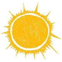 Cute Weather Sun Element in Hand Drawn Style with Grunge Pencil Texture, Isolated on White Background. Cute nature summer element. Sun, heat icon with rays vector