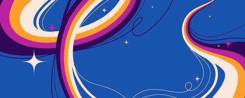 Abstract Design with Wavy Lines and Sparkling Stars on Blue Background. Retro cosmic swirls with vibrant movement. Perfect for futuristic prints, party and space themes vector