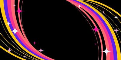 Abstract Colorful Frame with Squiggle Wavy Lines and Sparkling Stars on Black Background. Retro cosmic swirls with vibrant movement. Perfect for futuristic prints, party and space themes vector