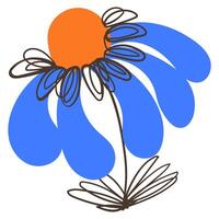 Hand Drawn Simple Blue Flower in Doodle Style. Colorful plant with cute line sketches of branches isolated on white background. Nature herb perfect for invitations, cards, posters, holidays vector