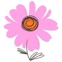 Pink Flower with Scribble Leaves Lines in Doodle Style. Colorful plant with cute line sketches of branches isolated on white background. Nature herb perfect for invitations, cards, posters, holidays vector