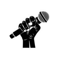 Raised Fist Holding Microphone, Black silhouette of a hand holding a microphone, expression, performance, public speaking, voice, activism, and communication. sharing opinions, creativity vector