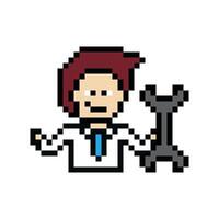 Character of pixel man male with engineer fix problem solve 8 bit. vector