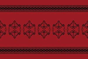Motif cross stitch with red background color fabric pattern ethnic design decor. vector