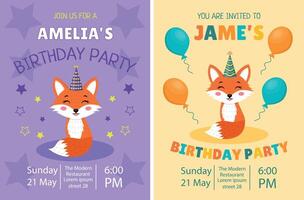 Cute fox birthday invitation set with name, date, time and place. vector