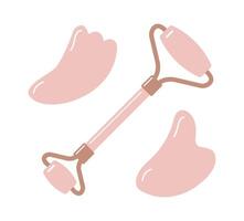 Set bundle of flat cartoon stone face roller and gua sha vector