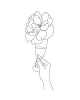 Flower head in a glass. Drink in a hand contour minimalistic illustration. Romantic card concept for winery, bar or restaurant vector