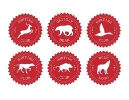 Set bundle of flat retro round hunting logo with animals silhouette isolated on white background vector