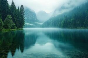 Lake surrounded by trees with a foggy sky in the background photo