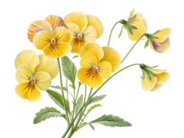 Beautiful pansy flowers bloom in vibrant yellow hues, showcasing their delicate petals and lush green leaves, creating cheerful display png
