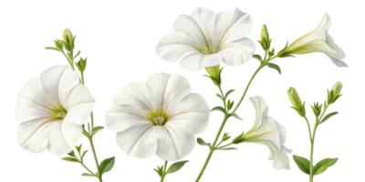 Beautiful petunia flowers bloom gracefully, showcasing their delicate petals and vibrant green stems, creating serene and joyful atmosphere png