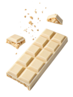 bar of white chocolate is shown with pieces falling apart creating delightful scene png