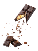 Falling chocolate pieces with nuts and crumbs create dynamic and delicious scene png