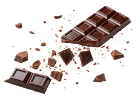 Falling pieces of chocolate create delightful mess with scattered chunks and crumbs png