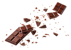 bar of chocolate is breaking into pieces with crumbs falling around creating dynamic scene png