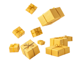 Golden gift boxes with elegant ribbons float gracefully in air creating festive atmosphere png
