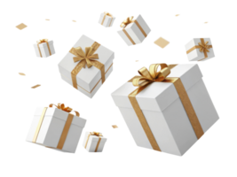 White gift boxes with gold ribbons float joyfully in air creating festive atmosphere png