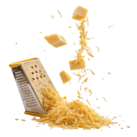 Grated cheese falls from grater creating delightful mess in kitchen, perfect for adding flavor to various dishes png