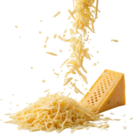 Grated cheese falls gracefully onto pile, showcasing its rich texture and flavor, perfect for enhancing any dish png