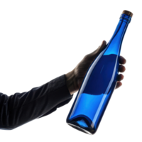 hand elegantly holds blue bottle showcasing its unique design and color. This striking bottle is perfect for special occasions png