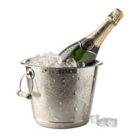 Chilled champagne bottle rests elegantly in silver ice bucket surrounded by ice cubes creating festive atmosphere png
