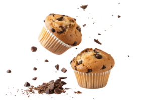 Delicious muffins with chocolate chips are flying through air creating delightful scene of sweetness and joy png