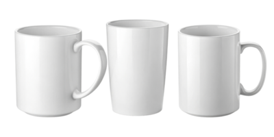 White mugs mockup display three different styles showcasing their sleek design and versatility for various beverages png