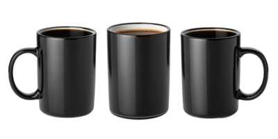 Black mugs mockup showcasing different angles and styles perfect for displaying beverages or designs in creative way png