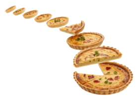 Delicious quiche varieties arranged beautiful sequence showcase their golden crusts and savory fillings, inviting delightful culinary experience png