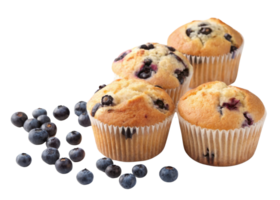 Delicious blueberry muffins are freshly baked and arranged with scattered blueberries, creating delightful and inviting scene png