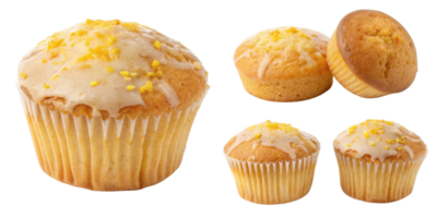 Delicious muffin varieties showcase delightful golden color and sweet glaze topped with sprinkles, perfect for any occasion png