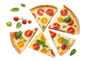 Delicious quiche slices topped with vibrant tomatoes and fresh basil create colorful and appetizing dish perfect for any meal png