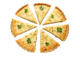 Delicious quiche slices arranged in circular pattern showcase golden crust and fresh herbs, perfect for any gathering png