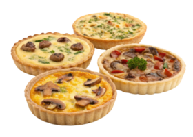 Delicious quiche varieties featuring mushrooms, vegetables, and herbs in flaky crusts create delightful culinary experience png