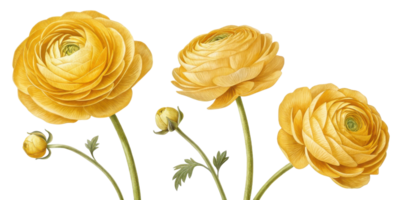 Beautiful ranunculus flowers in vibrant yellow hues create cheerful and lively atmosphere, perfect for brightening any space png