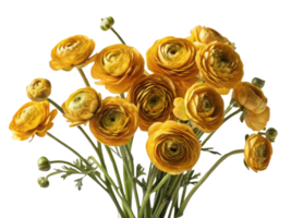 Beautiful ranunculus flowers vibrant yellow bloom, showcasing their intricate layers and delicate petals, creating cheerful and lively atmosphere png