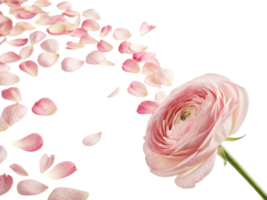 beautiful ranunculus flower with soft pink petals is surrounded by scattered petals creating serene and romantic atmosphere png