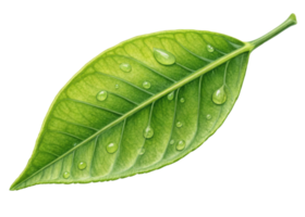 Fresh green leaf with water droplets on surface creating refreshing natural look with lemon freshness and vibrant leaf texture png