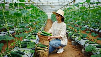 Smiling woman harvesting fresh green cucumbers in greenhouse, placing them into wicker baskets, surrounded by lush plants in modern organic farming environment with controlled climate and video