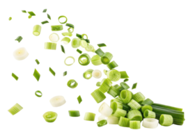 Fresh spring onion slices flying in air with vibrant green and white colors creating lively and fresh atmosphere for cooking or decoration png
