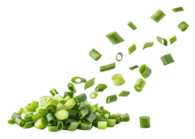 Fresh spring onion slices appear to float and scatter beautifully in air creating vibrant and fresh visual effect png