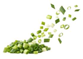 Fresh spring onion slices flying in air with vibrant green and white colors creating lively and fresh atmosphere for cooking and healthy meals png