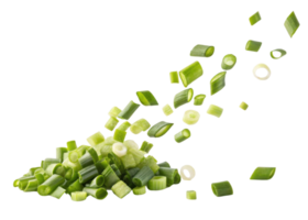 Fresh spring onion slices flying in air with vibrant green color and fresh texture creating lively and appetizing scene for cooking inspiration png