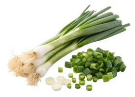 Fresh spring onion with roots and sliced pieces showing vibrant green and white colors for cooking and garnishing png