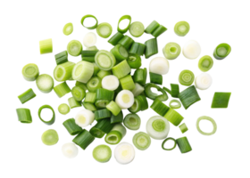 Fresh spring onion slices scattered on transparency background showing vibrant green and white colors with fresh and healthy feel png