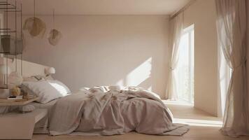 minimal Hôtel chambre avec doux Naturel éclairage, neutre tons, défait lit avec confortable draps, pur rideaux, et nettoyer des murs, création une pacifique, calmant atmosphère parfait pour du repos et video